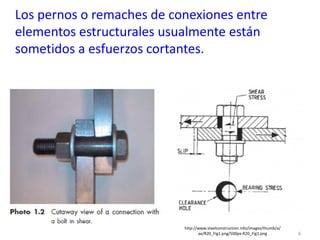 Los pernos o remaches de conexiones entre
elementos estructurales usualmente están
sometidos a esfuerzos cortantes.
6
http://www.steelconstruction.info/images/thumb/a/
ae/R20_Fig1.png/500px-R20_Fig1.png
 