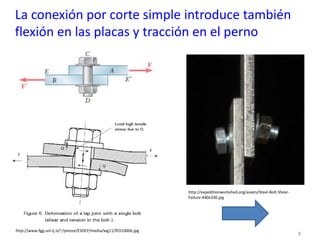 La conexión por corte simple introduce también
flexión en las placas y tracción en el perno
8
http://expeditionworkshed.org/assets/Steel-Bolt-Shear-
Failure-440x330.jpg
http://www.fgg.uni-lj.si/~/pmoze/ESDEP/media/wg11/f0310006.jpg
 
