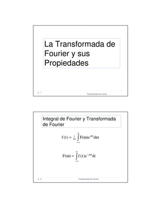 La Transformada de
Fourier y sus
Propiedades
Transformada de Fourier
1
Transformada de Fourier2
∫
∞
∞−
ω
π ωω= de)(F)t(f tj
2
1
∫
∞
∞−
ω−
=ω dte)t(f)(F tj
Integral de Fourier y Transformada
de Fourier
2
 