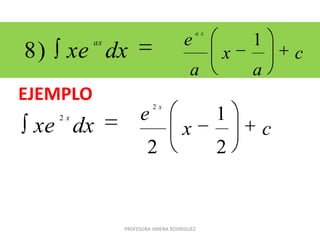 dxxe
ax
)8 c
a
x
a
e
xa
1
EJEMPLO
dxxe
x2
cx
e
x
2
1
2
2
PROFESORA JIMENA RODRIGUEZ
 