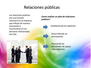Las relaciones publicas
son una función
necesaria en la empresa,
que influye de manera
consciente o
inconsciente en las
personas relacionadas
con ella.
Relaciones públicas
Como realizar un plan de relaciones
publicas?
Estableciendo los objetivos
Desarrollando un
presupuesto
Planeando las
actividades de apoyo
a los objetivos.
 