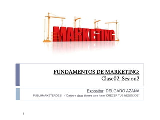 FUNDAMENTOS DE MARKETING:
Clase02_Sesion2
Expositor: DELGADO AZAÑA
PUBLIMARKETEROS21 - “Datos e ideas claves para hacer CRECER TUS NEGOCIOS”
1
 