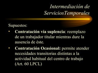 Intermediación de ServiciosTemporales Supuestos: Contratación vía suplencia : reemplazo de un trabajador titular mientras dure la ausencia de éste. Contratación Ocasional:  permite atender necesidades transitorias distintas a la actividad habitual del centro de trabajo (Art. 60 LPCL) 
