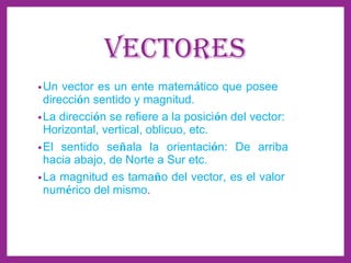 VECTORES
• Un

vector es un ente matemático que posee
dirección sentido y magnitud.
• La dirección se refiere a la posición del vector:
Horizontal, vertical, oblicuo, etc.
• El sentido señala la orientación: De arriba
hacia abajo, de Norte a Sur etc.
• La magnitud es tamaño del vector, es el valor
numérico del mismo.

 