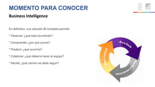 MOMENTO PARA CONOCER
Business Intelligence
En definitiva, una solución BI completa permite:
* Observar ¿qué está ocurriendo?
* Comprender ¿por qué ocurre?
* Predecir ¿qué ocurriría?
* Colaborar ¿qué debería hacer el equipo?
* Decidir ¿qué camino se debe seguir?
 