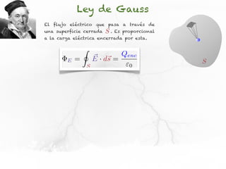 Ley de Gauss
El flujo eléctrico que pasa a través de
una superficie cerrada      S.   Es proporcional
a la carga eléctrica encerrada por esta.

                I
                        ⇥ s        Qenc
        E   =           E · d⇥ =                   S
                    S                 0
 