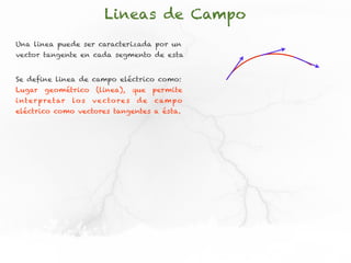 Lineas de Campo
Una linea puede ser caracterizada por un
vector tangente en cada segmento de esta


Se define linea de campo eléctrico como:
Lugar     geométrico         (linea),      que   permite
i nt e r p re t ar   lo s   v e cto re s    de   cam p o
eléctrico como vectores tangentes a ésta.
 