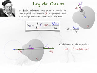 Ley de Gauss                                       E
                                                          ds
El flujo eléctrico que pasa a través de
una superficie cerrada       S.   Es proporcional
a la carga eléctrica encerrada por esta.

                 I
                         ⇥ s        Qenc
        E    =           E · d⇥ =                                    S
                     S                  0                Qenc
                                                     =
                                                           0




                                            El diferencial de superficie
        E1                   E2
                                                 d⇤ = r2 sin d d⇥ r
                                                  s               ˆ
ds1                               ds2

                 S
 