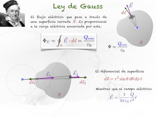 Ley de Gauss                                       E
                                                          ds
El flujo eléctrico que pasa a través de
una superficie cerrada       S.   Es proporcional
a la carga eléctrica encerrada por esta.

                 I
                         ⇥ s        Qenc
        E    =           E · d⇥ =                                     S
                     S                  0                Qenc
                                                     =
                                                           0




                                            El diferencial de superficie
        E1                   E2
                                                 d⇤ = r2 sin d d⇥ r
                                                  s               ˆ
ds1                               ds2
                                            Mientras que el campo eléctrico

                 S                                  ⇤     1 Q
                                                    E=          2
                                                                  r
                                                                  ˆ
                                                         4 ⇥0 r
 