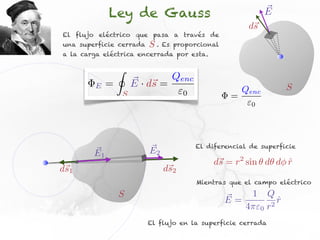 Ley de Gauss                                       E
                                                          ds
El flujo eléctrico que pasa a través de
una superficie cerrada       S.   Es proporcional
a la carga eléctrica encerrada por esta.

                 I
                         ⇥ s        Qenc
        E    =           E · d⇥ =                                     S
                     S                  0                Qenc
                                                     =
                                                           0




                                            El diferencial de superficie
        E1                   E2
                                                 d⇤ = r2 sin d d⇥ r
                                                  s               ˆ
ds1                               ds2
                                            Mientras que el campo eléctrico

                 S                                  ⇤     1 Q
                                                    E=          2
                                                                  r
                                                                  ˆ
                                                         4 ⇥0 r
                            El flujo en la superficie cerrada
 
