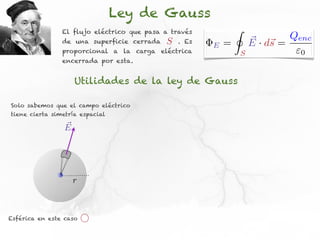 Ley de Gauss
                El flujo eléctrico que pasa a través           I
                de una superficie cerrada   S   . Es
                                                       E   =           ⇥ · d⇥ = Qenc
                                                                       E s
                proporcional a la carga eléctrica                  S             0
                encerrada por esta.


                    Utilidades de la ley de Gauss

Solo sabemos que el campo eléctrico
tiene cierta simetría espacial

                E




                    r



Esférica en este caso
 