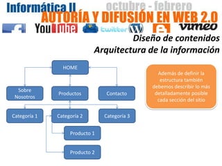 Diseño de contenidos
                            Arquitectura de la información
                HOME
                                                Además de definir la
                                                 estructura también
                                              debemos describir lo más
  Sobre
              Productos         Contacto       detalladamente posible
 Nosotros
                                                cada sección del sitio

Categoría 1   Categoría 2       Categoría 3


                   Producto 1


                   Producto 2
 