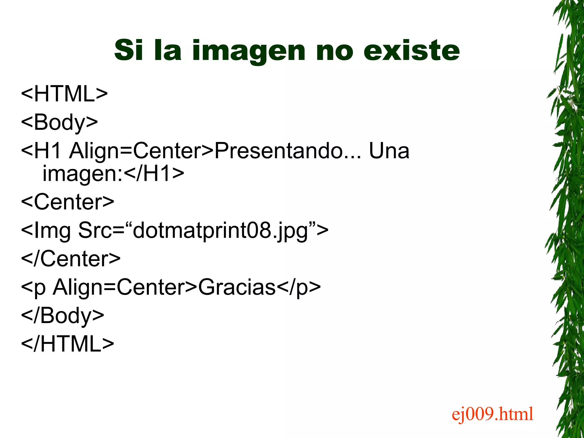 Si la imagen no existe <HTML> <Body> <H1 Align=Center>Presentando... Una imagen:</H1> <Center> <Img Src=“dotmatprint08.jpg”> </Center> <p Align=Center>Gracias</p> </Body> </HTML> ej009.html 