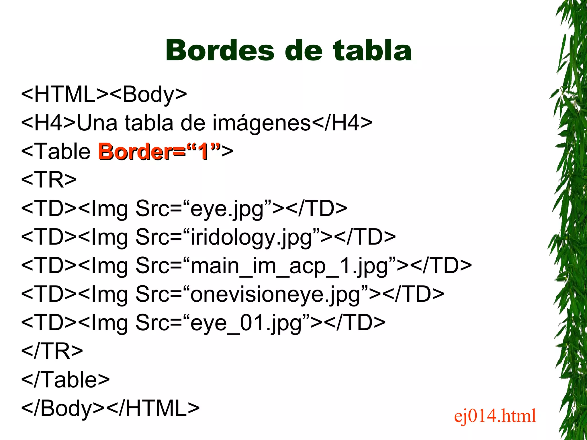 Bordes de tabla <HTML><Body> <H4>Una tabla de imágenes</H4> <Table  Border=“1” > <TR> <TD><Img Src=“eye.jpg”></TD> <TD><Img Src=“iridology.jpg”></TD> <TD><Img Src=“main_im_acp_1.jpg”></TD> <TD><Img Src=“onevisioneye.jpg”></TD> <TD><Img Src=“eye_01.jpg”></TD> </TR> </Table> </Body></HTML> ej014.html 