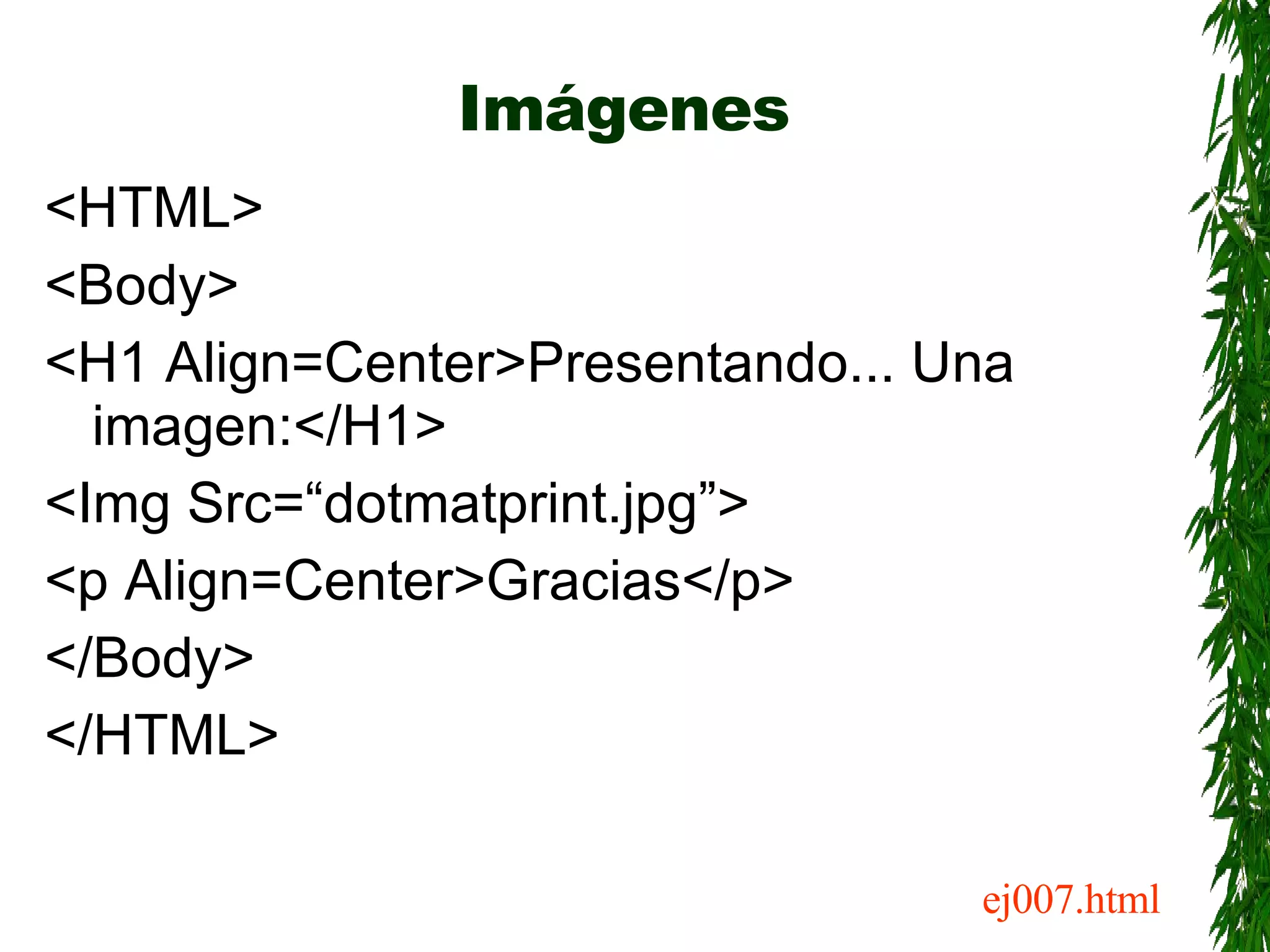 Imágenes <HTML> <Body> <H1 Align=Center>Presentando... Una imagen:</H1> <Img Src=“dotmatprint.jpg”> <p Align=Center>Gracias</p> </Body> </HTML> ej007.html 