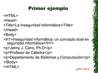 Primer ejemplo <ul><li><HTML> </li></ul><ul><li><Head> </li></ul><ul><li><Title>La Inseguridad Informática</Title> </li></...