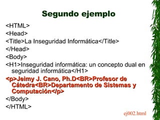 Segundo ejemplo <ul><li><HTML> </li></ul><ul><li><Head> </li></ul><ul><li><Title>La Inseguridad Informática</Title> </li><...