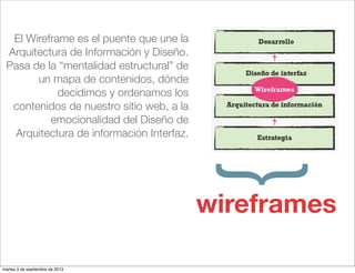 }wireframes
El Wireframe es el puente que une la
Arquitectura de Información y Diseño.
Pasa de la “mentalidad estructural” de
un mapa de contenidos, dónde
decidimos y ordenamos los
contenidos de nuestro sitio web, a la
emocionalidad del Diseño de
Arquitectura de información Interfaz.
martes 3 de septiembre de 2013
 