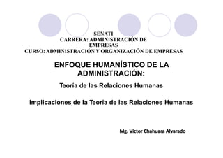 SENATI
CARRERA: ADMINISTRACIÓN DE
EMPRESAS
CURSO: ADMINISTRACIÓN Y ORGANIZACIÓN DE EMPRESAS
ENFOQUE HUMANÍSTICO DE LA
ADMINISTRACIÓN:
Teoría de las Relaciones Humanas
Implicaciones de la Teoría de las Relaciones Humanas
Mg. Víctor Chahuara Alvarado
 