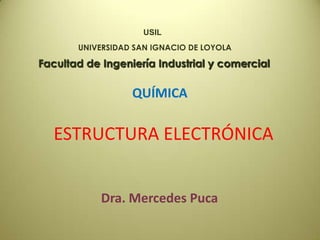 ESTRUCTURA ELECTRÓNICA
Dra. Mercedes Puca
QUÍMICA
Facultad de Ingeniería Industrial y comercial
USIL
UNIVERSIDAD SAN IGNACIO DE LOYOLA
 