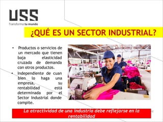 ¿QUÉ ES UN SECTOR INDUSTRIAL?
• Productos o servicios de
un mercado que tienen
baja
cruzada de
elasticidad
demanda
con otros productos.
• Independiente de cuan
rentabilidad
determinada por
bien lo haga una
empresa, su
está
el
Sector Industrial donde
compite.
La atractividad de una industria debe reflejarse en la
rentabilidad
 