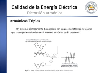 Calidad de la Energía Eléctrica
Distorsión armónica
Armónicos Triples
Un sistema perfectamente balanceado con cargas monofásicas, se asume
que la componente fundamental y tercera armónica están presentes.
 