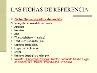 LAS FICHAS DE REFERENCIA Ficha Hemerográfica de revista Si se registra una revista se coloca : Apellido  Nombre  Año  Título: subtítulo (si existe)  Traductor, ilustrador, etc.  Número de edición.  Lugar de publicación  editor  Número de páginas, ejemplo:  Revista:  Cuadernos Políticos  Director: Fernando Castro. Lugar de edición: D.F, México. Periodicidad: Trimestral 