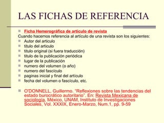 LAS FICHAS DE REFERENCIA Ficha Hemerográfica de artículo de revista Cuando hacemos referencia al artículo de una revista son los siguientes: Autor del articulo  titulo del articulo  titulo original (si fuera traducción)  titulo de la publicación periódica  lugar de la publicación  numero del volumen (o año)  numero del fascículo  paginas inicial y final del artículo  fecha del volumen o fascículo, etc.  O'DONNELL, Guillermo. “Reflexiones sobre las tendencias del estado burocrático autoritario”. En:  Revista Mexicana de sociología , México, UNAM, Instituto de Investigaciones Sociales, Vol. XXXIX, Enero-Marzo, Num.1, pp. 9-59 