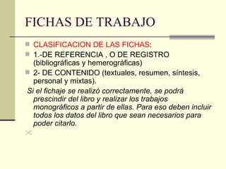 FICHAS DE TRABAJO CLASIFICACION DE LAS FICHAS :  1.-DE REFERENCIA , O DE REGISTRO (bibliográficas y hemerográficas)  2- DE CONTENIDO (textuales, resumen, síntesis,  personal y mixtas). Si el fichaje se realizó correctamente, se podrá prescindir del libro y realizar los trabajos monográficos a partir de ellas. Para eso deben incluir todos los datos del libro que sean necesarios para poder citarlo. 