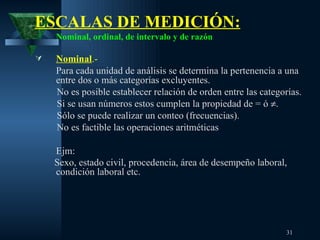 ESCALAS DE MEDICIÓN: Nominal, ordinal, de intervalo y de razón Nominal .-   Para cada unidad de análisis se determina la pertenencia a una entre dos o más categorías excluyentes. No es posible establecer relación de orden entre las categorías.  Si se usan números estos cumplen la propiedad de = ó   . Sólo se puede realizar un conteo (frecuencias).  No es factible las operaciones aritméticas Ejm:  Sexo, estado civil, procedencia,  área de desempeño laboral,   condición laboral   etc. 