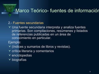 Marco Teórico- fuentes de información 2.-  Fuentes secundarias Una fuente secundaria interpreta y analiza fuentes primarias.   Son compilaciones, resúmenes y listados de referencias publicadas en un área de conocimiento en particular. Ejemplo: (índices y sumarios de libros y revistas). crítica literaria y comentarios  enciclopedias  biografías   