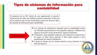 El propósito de un SIC dentro de una organización es proveer
información útil sobre una entidad económica específica. Cada una
de las empresas que existen actualmente cuenta con diversos tipos
de sistemas de información para contabilidad.
Tipos de sistemas de información para
contabilidad
Sistemas manuales
 Los sistemas de información manuales para la contabilidad suelen
ser utilizados generalmente en las pequeñas empresas. Hablamos de
negocios de quizás un par de personas, negocios familiares.
 Usualmente, estas pequeñas empresas solo requieren los documentos
de origen, el libro mayor general, el libro diario general y muy
posiblemente los diarios subsidiarios.
 A pesar de tratarse de un sistema manual es muy eficiente en esta
clase de negocios.
 