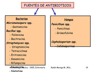 FUENTES DE ANTIBIOTICOS Bacterias Micromonospora  spp. - Gentamicina Bacillus  spp. -   Polimixina - Bacitracina Streptomyces  spp. -   Streptomicina - Tetraciclinas - Eritromicina - Kanamicina - Rifampicina - Neomicina - Nistatina   Hongos Penicillium  spp. -   Penicilinas - Griseofulvina Cephalosporium  spp. - Cefalosporinas 