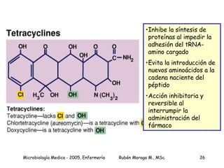 Inhibe la síntesis de proteínas al impedir la adhesión del tRNA-amino cargado Evita la introducción de nuevos aminoácidos a la cadena naciente del péptido Acción inhibitoria y reversible al interrumpir la administración del fármaco 