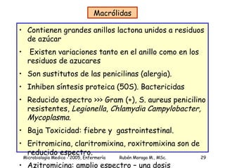 Macrólidas Contienen grandes anillos lactona unidos a residuos de azúcar Existen variaciones tanto en el anillo como en los residuos de azucares Son sustitutos de las penicilinas (alergia). Inhiben síntesis proteica (50S). Bactericidas Reducido espectro >>> Gram (+), S. aureus penicilino resistentes,  Legionella ,  Chlamydia Campylobacter, Mycoplasma.  Baja Toxicidad: fiebre y  gastrointestinal. Eritromicina, claritromixina, roxitromixina son de reducido espectro. Azitromicina: amplio espectro – una dosis 