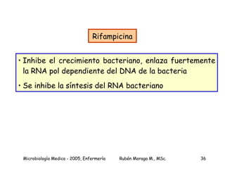 Rifampicina Inhibe el crecimiento bacteriano, enlaza fuertemente la RNA pol dependiente del DNA de la bacteria Se inhibe la síntesis del RNA bacteriano 