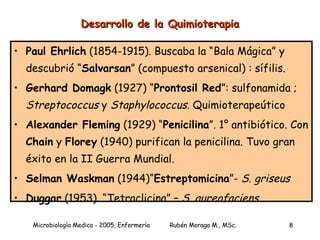 Desarrollo de la Quimioterapia Paul Ehrlich  (1854-1915). Buscaba la “Bala Mágica” y descubrió “ Salvarsan ” (compuesto arsenical) : sífilis. Gerhard Domagk  (1927) “ Prontosil Red ”: sulfonamida ;  Streptococcus  y  Staphylococcus . Quimioterapeútico Alexander Fleming  (1929) “ Penicilina ”. 1° antibiótico. Con  Chain  y  Florey  (1940) purifican la penicilina. Tuvo gran éxito en la II Guerra Mundial. Selman Waskman  (1944)“ Estreptomicina ”-  S. griseus Duggar  (1953). “Tetraclicina” –  S. aureofaciens 