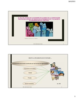 18/4/2023
3
EL ROL DEL ESTADO EN LA ECONOMÍA EN EL MARCO DE LA CONSTITUCIÓN
POLÍTICA DEL ESTADO, LEY MARCO DE AUTONOMÍAS N°031 Y EL DECRETO
DE ORGANIZACIÓN DEL EJECUTIVO
Adalid Gutierrez Cabas
MSc. Adalid Gutierrez Cabas 5
La economía plural está constituida por las formas de organización:
Económica comunitaria
SEGÚN LA CPE, BOLIVIA ES UN ESTADO …
Art. 306
Estatal
Privada
Social cooperativa.
MSc. Adalid Gutierrez Cabas 6
 