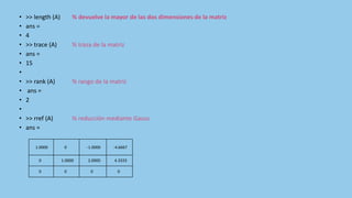 • >> length (A) % devuelve la mayor de las dos dimensiones de la matriz
• ans =
• 4
• >> trace (A) % traza de la matriz
• ans =
• 15
•
• >> rank (A) % rango de la matriz
• ans =
• 2
•
• >> rref (A) % reducción mediante Gauss
• ans =
1.0000 0 -1.0000 -4.6667
0 1.0000 2.0000 4.3333
0 0 0 0
 