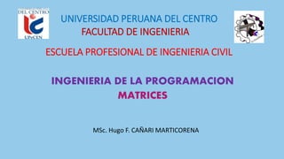 FACULTAD DE INGENIERIA
INGENIERIA DE LA PROGRAMACION
MATRICES
UNIVERSIDAD PERUANA DEL CENTRO
ESCUELA PROFESIONAL DE INGENIERIA CIVIL
MSc. Hugo F. CAÑARI MARTICORENA
 