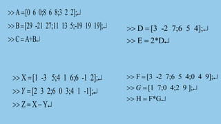 A [0 6 0;8 6 8;3 2 2];
B [29 -21 27;11 13 5;-19 19 19];
C A+B
 = 
 = 
 = 
X [1 -3 5;4 1 6;6 -1 2];
[2 3 2;6 0 3;4 1 -1];
Z X Y
Y
 = 
 = 
 = − 
D [3 -2 7;6 5 4];
E 2*D
 = 
 = 
F [3 -2 7;6 5 4;0 4 9];
[1 7;0 4;2 9 ];
H F*G
G
 = 
 = 
 = 
 