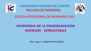 FACULTAD DE INGENIERIA
INGENIERIA DE LA PROGRAMACION
MATRICES - ESTRUCTURAS
UNIVERSIDAD PERUANA DEL CENTRO
ESCUELA PROFESIONAL DE INGENIERIA CIVIL
MSc. Hugo F. CAÑARI MARTICORENA
 
