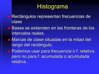 Histograma
 Rectángulos representan frecuencias de
  clase
 Bases se extienden en las fronteras de los
  intervalos reales.
 Marcas de clase situadas en la mitad del
  rango del rectángulo.
 Podemos usar para frecuencia o f. relativa,
  pero no para f. acumulada o acumulada
  relativa.
 