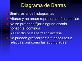 Diagrama de Barras
 Similares a los histogramas
 Alturas y no áreas representan frecuencias
 No se pretende fijar ninguna escala
  horizontal continua
       El ancho de las barras no interesa.
   Se pueden graficar tanto f. absolutas o
    relativas, así como las acumuladas
 