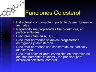 Funciones Colesterol
   Estructural: componente importante de membrana de
    animales
   Regulando sus propiedades físico-químicas, en
    particular fluidez.
   Precursor vitamina A, D, E, K.
   Precursor hormonas sexuales: progesterona,
    estrógenos y testosterona.
   Precursor hormonas corticoesteroidales: cortisol y
    aldosterona.
   Precursor sales biliares: esenciales en absorción de
    algunos nutrientes lipídicos y vía principal para
    excreción colesterol corporal.
 