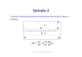 Calcular el desplazamiento en el extremo libre B de la viga en
voladizo.
Obras Civiles – Ingeniería Sanitaria UdeA
Ejemplo 3
U M M
B dx
P EI P
∂ ∂
∆ ↓= =
∂ ∂∫
 