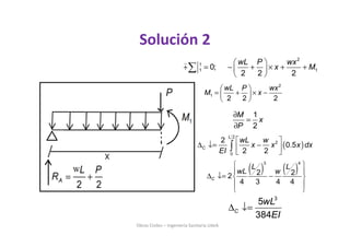 Obras Civiles – Ingeniería Sanitaria UdeA
Solución 2
1
2
M
x
P
∂
=
∂
 
+ = − + × + + 
 
∑
⌢ 2
1
1 10;
2 2 2
wL P wx
x M
 
= + × − 
 
2
1
2 2 2
wL P wx
M x
( ) 
∆ ↓= − 
 
∫
2
2
0
2
0.5
2 2
L
C
wL w
x x x dx
EI
( ) ( ) 
 
∆ ↓= − 
 
 
3 4
2 22
4 3 4 4
C
L L
wL w
∆ ↓=
3
5
384
C
wL
EI
 