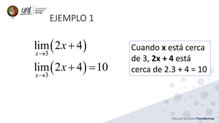 EJEMPLO 2
( )( )
( )
2
3
2
3 3
3
6
lim
3
26
lim lim
3
lim 2 3 2 5
3
3
x
x x
x
x x
x
xx x
x
x
x
x
→
→ →
→
 − −
 
− 
+...
