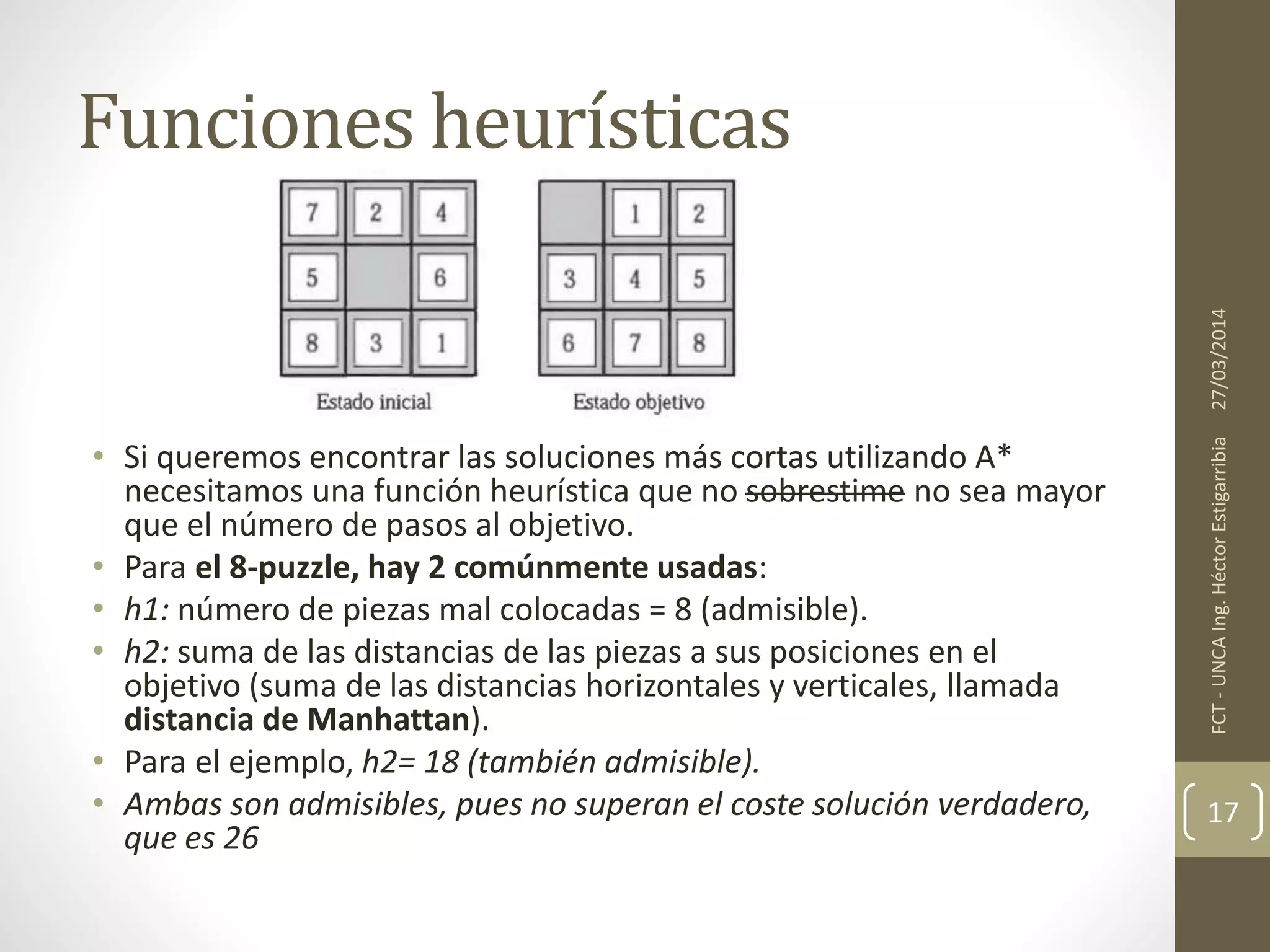 Funciones heurísticas
• Si queremos encontrar las soluciones más cortas utilizando A*
necesitamos una función heurística que no sobrestime no sea mayor
que el número de pasos al objetivo.
• Para el 8-puzzle, hay 2 comúnmente usadas:
• h1: número de piezas mal colocadas = 8 (admisible).
• h2: suma de las distancias de las piezas a sus posiciones en el
objetivo (suma de las distancias horizontales y verticales, llamada
distancia de Manhattan).
• Para el ejemplo, h2= 18 (también admisible).
• Ambas son admisibles, pues no superan el coste solución verdadero,
que es 26
27/03/2014FCT-UNCAIng.HéctorEstigarribia
17
 