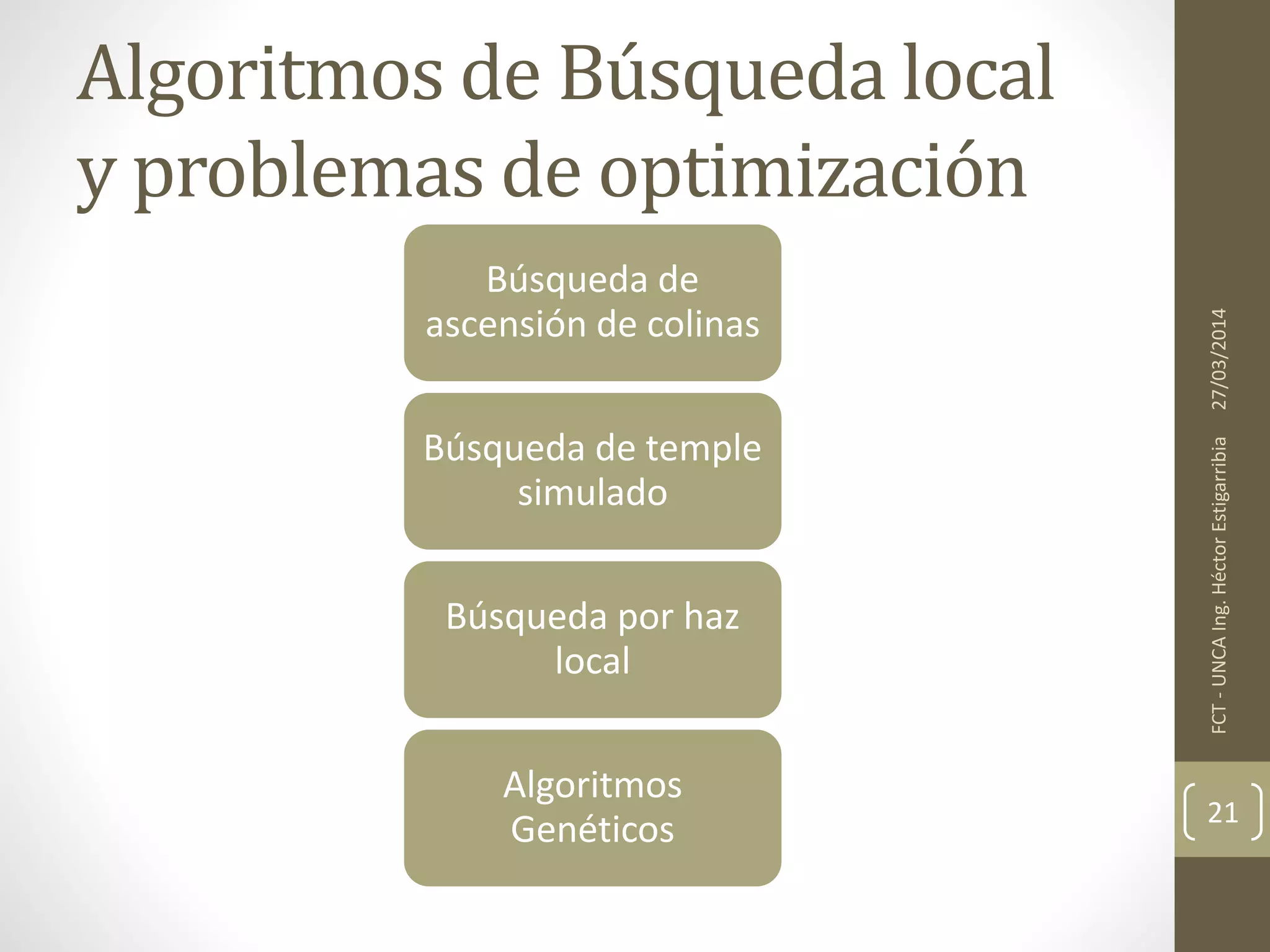 Búsqueda de
ascensión de colinas
Búsqueda de temple
simulado
Búsqueda por haz
local
Algoritmos
Genéticos
27/03/2014FCT-UNCAIng.HéctorEstigarribia
21
Algoritmos de Búsqueda local
y problemas de optimización
 